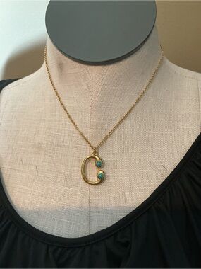 Gold Letter C Necklace with Turquoise Accents
